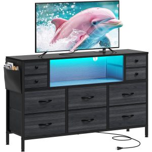 YITAHOME Dresser TV Stand with Charging Station, Wide Storage Chest of Drawers with 7 Large Fabric Drawers and Open Shelves, Storage Organizer Unit for Closet