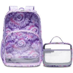 BLUEFAIRY Clear Backpack for School with Lunch Box for Kids Boys Girls Large PVC See Through Bookbag and Lunch Bag for Elementary 17 Inch Heavy Duty Transparent Bags for Stadium (Tie-dye, Purple)
