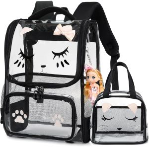 AO ALI VICTORY Girls Backpacks with Tote Bag Heavy Duty PVC Transparent Cute Backpack for Kids Toddler Girls Preschool Bookbags Elementary School Bags See Through Casual Travel Daypack, Black Set
