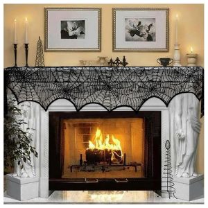 AerWo Halloween Decoration Black Lace Spiderweb Fireplace Mantle Scarf Cover Festive Party Supplies 45 X 243cm 18 x 96 inch