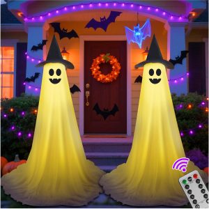 Halloween Decorations Outdoor Ghost Kit - 2 Pack DIY Halloween Decor Spooky Ghost Decor with 50 LED Lights Battery Operated,Hat,for Outdoor Indoor Porches Yards Gardens Lawn (Warm White)