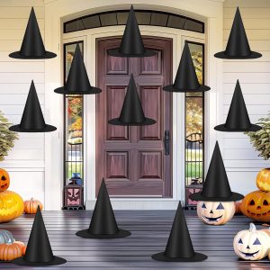 Halloween Hanging Witch Hats & Costume Accessories, 328 FT Nylon Cord Wizard Hats, Indoor Outdoor Decorations for Home, Yard, Porch, Ceiling, Black, 12 PCS