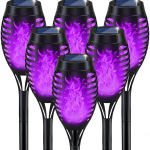 IkeeRuic Halloween Decorations Outdoor, Purple Halloween Solar Lights with Flickering Flame, Solar Torch Lights for Yard Decorations, Waterproof Outdoor Lighting for Garden Pathway Patio Outside Decor