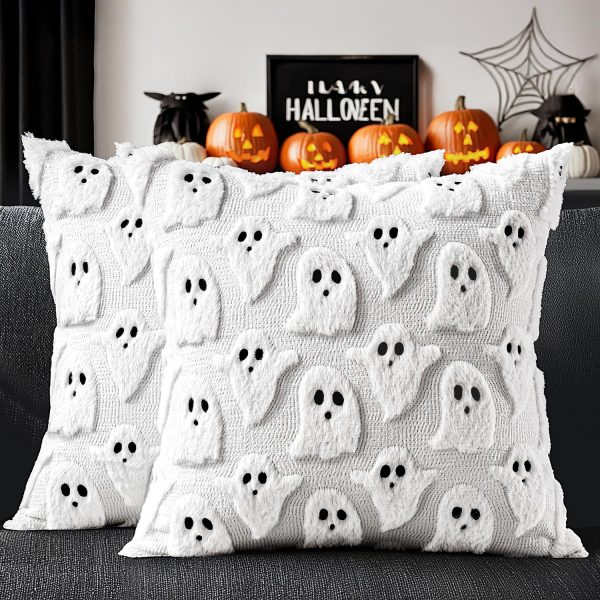 MIULEE Halloween Pillow Covers Cute Ghost Spooky Fall Throw Pillows Set of 2 Soft Plush Faux Fur Decorative Cushion Covers for Couch Sofa Bed Porch Living Room Halloween Decor 18x18 inch White
