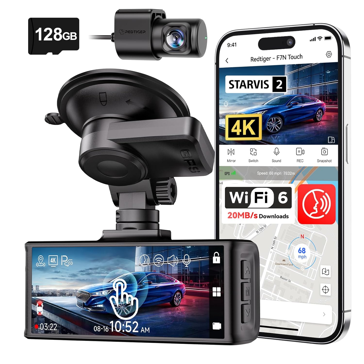 REDTIGER 4K STARVIS 2 Dash Cam Front and Rear, 5GHz WiFi 20MB/s Download, 128GB Card Included, Voice Control, Dash Camera for Cars with 3.18" Touch Screen, GPS, Loop Recording, Parking Mode(F7N Touch)