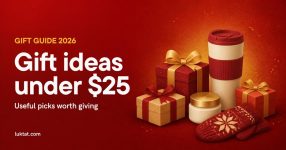 Gift ideas under $25: illustration of wrapped gift boxes, a travel tumbler, a skincare jar and mittens