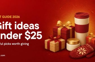 Gift ideas under $25: illustration of wrapped gift boxes, a travel tumbler, a skincare jar and mittens