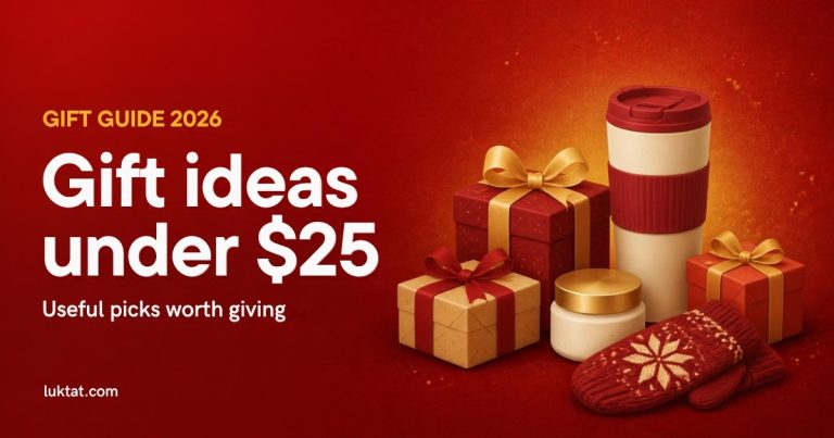 Gift ideas under $25: illustration of wrapped gift boxes, a travel tumbler, a skincare jar and mittens