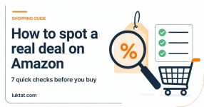 How to spot a real deal on Amazon: illustration of a magnifying glass over a price tag, a checklist and a shopping cart