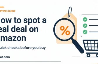 How to spot a real deal on Amazon: illustration of a magnifying glass over a price tag, a checklist and a shopping cart