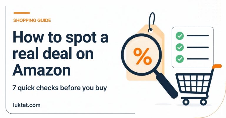 How to spot a real deal on Amazon: illustration of a magnifying glass over a price tag, a checklist and a shopping cart
