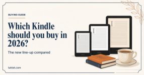 Which Kindle should you buy in 2026: illustration of three e-readers of different sizes next to books and a cup of tea
