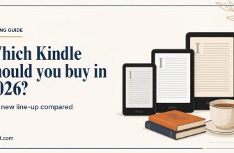 Which Kindle should you buy in 2026: illustration of three e-readers of different sizes next to books and a cup of tea