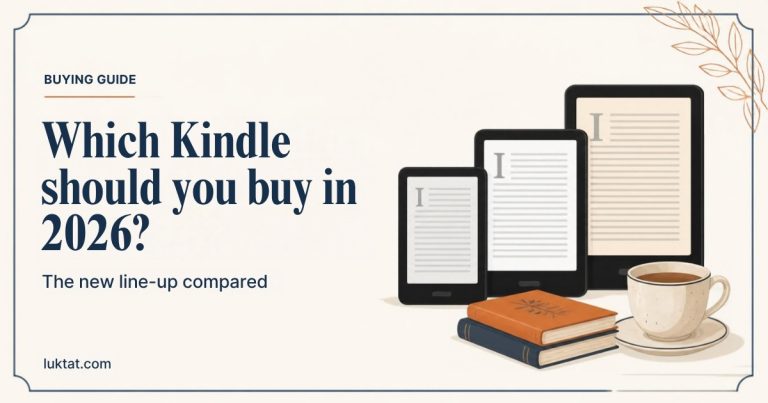 Which Kindle should you buy in 2026: illustration of three e-readers of different sizes next to books and a cup of tea